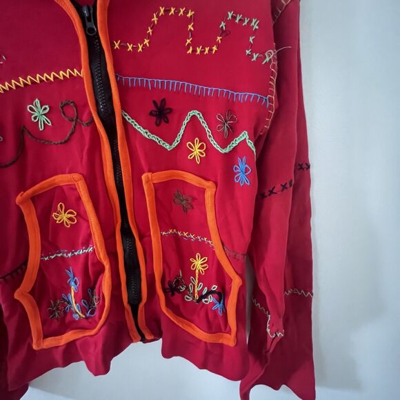 Rising International 100% Cotton Embroidered Red Zip Up Hoodie - Large - Picture 2 of 5